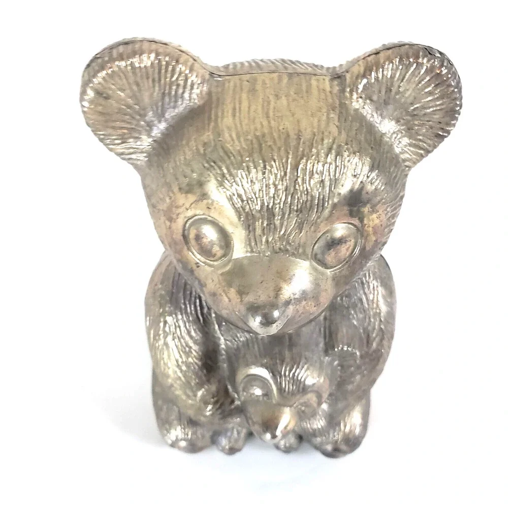 Baby Bear Holding Teddy Bear - Metal Bank / Statue - Vintage Made Taiwan 1970's!